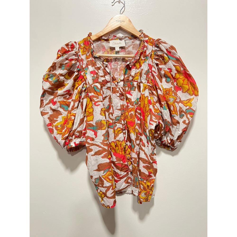 Cleobella Zola Blouse Shea Organic Cotton Floral Puff Sleeve Boho Top Medium